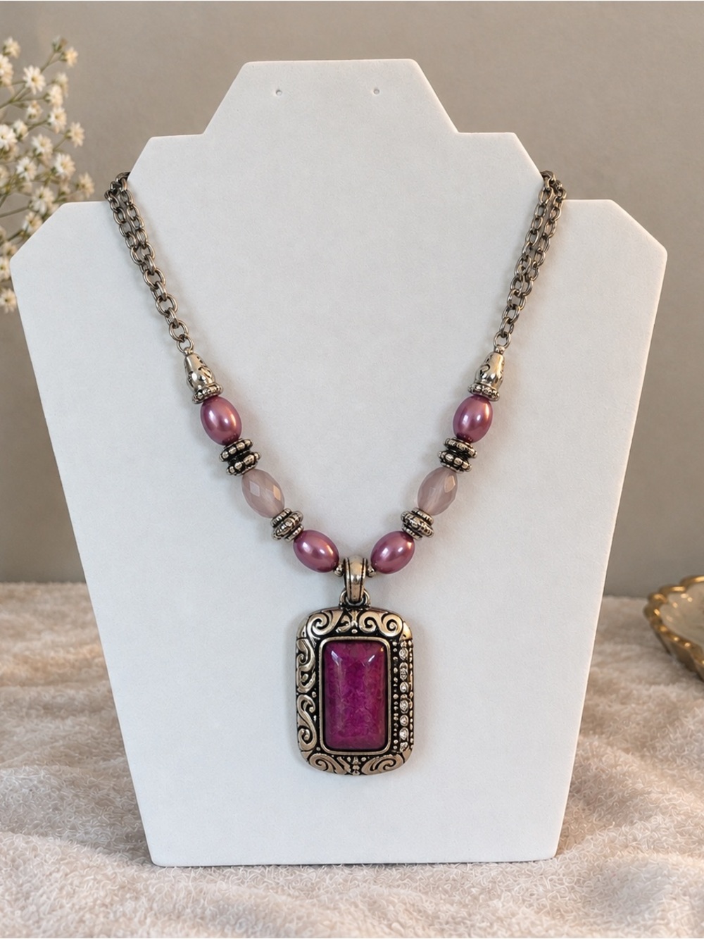 Vintage Purple Stone Pendant Necklace - Women Jewelry